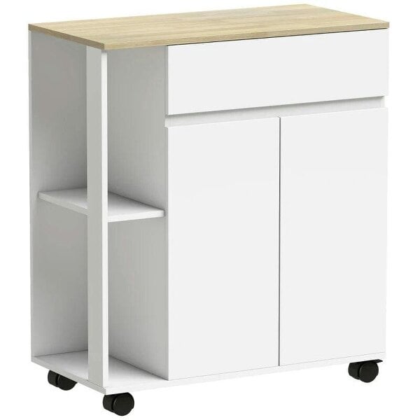 Kitchen Storage Trolley Cart with Cabinet, Drawer and Open Shelves, White