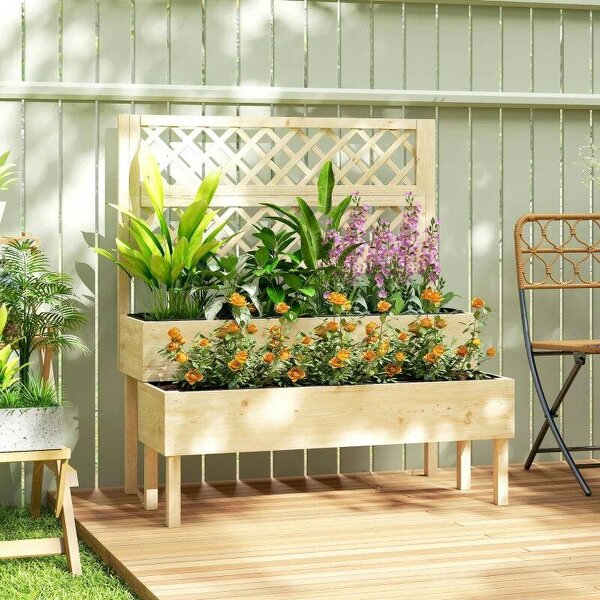Raised Garden Bed 2-Tier Stepped Design Planter Box with Trellis for Climbing Plants 108x62x120 cm - Natural wood finish