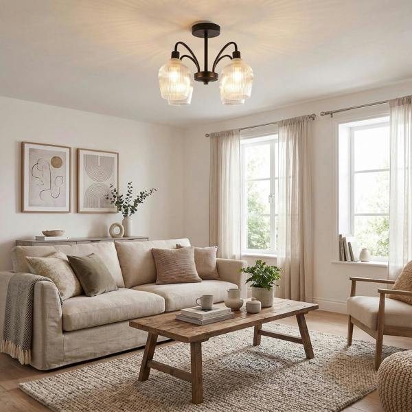 Classy Matte Black Ceiling Light with Clear Ribbed Glass Shades Image 6