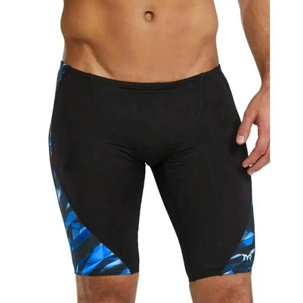 Blue TYR Triadic Durafast Elite swim jammer with black geometric spandex pattern