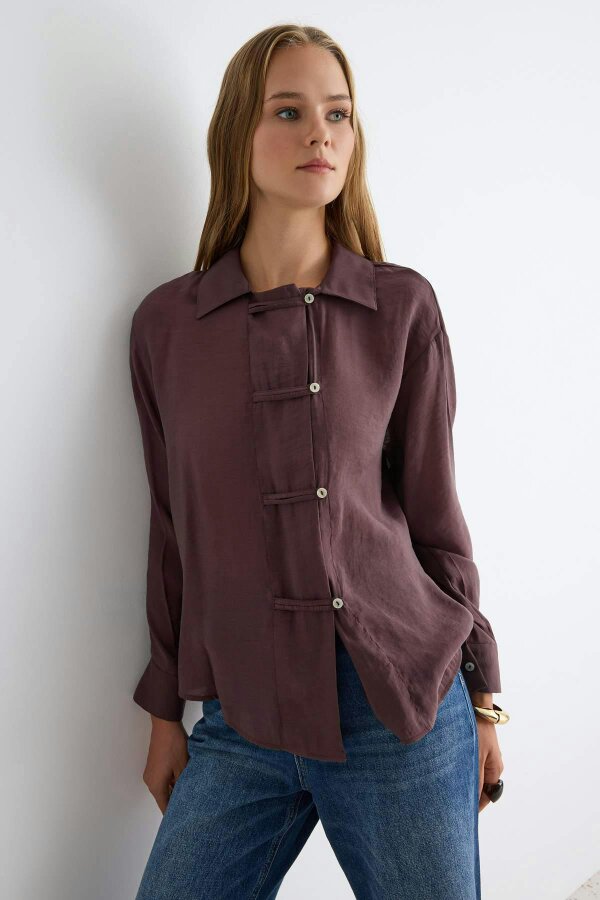 WOVCOR Relaxed Fit Long Sleeve Shirt with Tie Detail - Brown