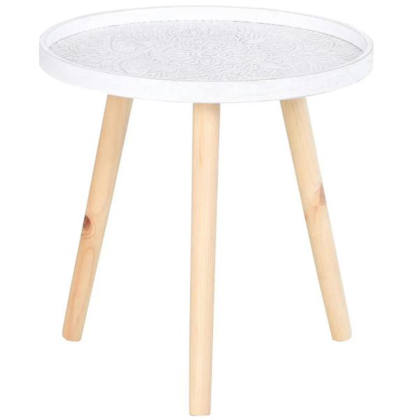 White round coffee table with carved floral tray top and slender wooden legs