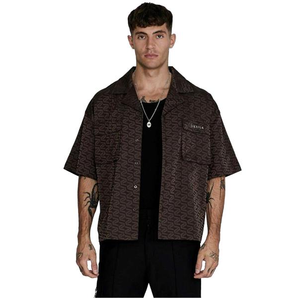 SikSilk Mens Geometric Relaxed Fit Short-Sleeved Shirt - Brown - 