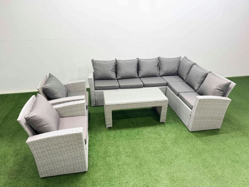 Fimous Rattan Garden Furniture Set 5 Pieces Outdoor Garden Sofa Oblong Coffee Table Set with 2 Chairs Light Grey Mixed