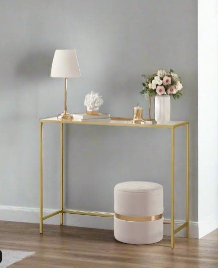 Modcraft Modern Golden Metal Console Table with Tempered Glass Top – 100 x 35 x 80 cm