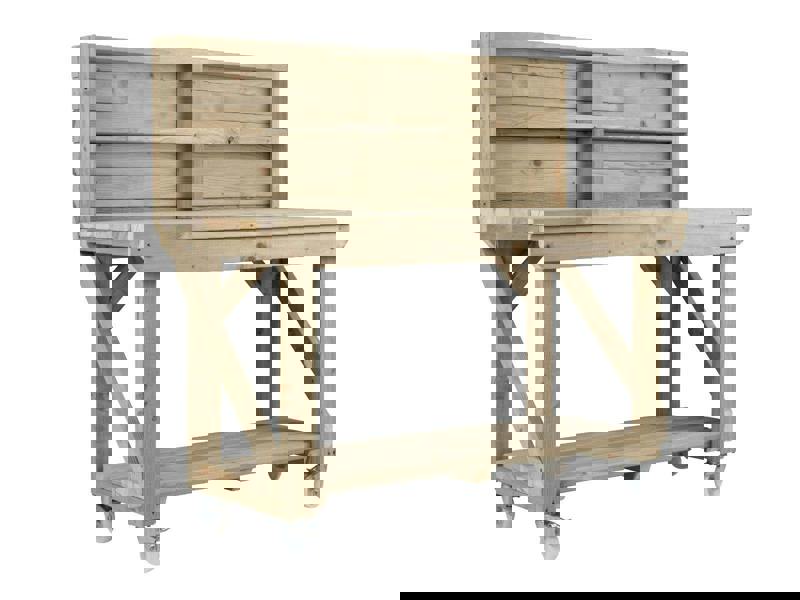 Indoor/Outdoor Pressure-Treated Single Shelf with back panel and wheels Workbench, a robust and versatile solution for all your workspace needs. Handcrafted in the UK, this workbench is constructed from high-quality, pressure-treated timber, ensuring durability and resistance to the elements, making it suitable for both indoor and outdoor use.