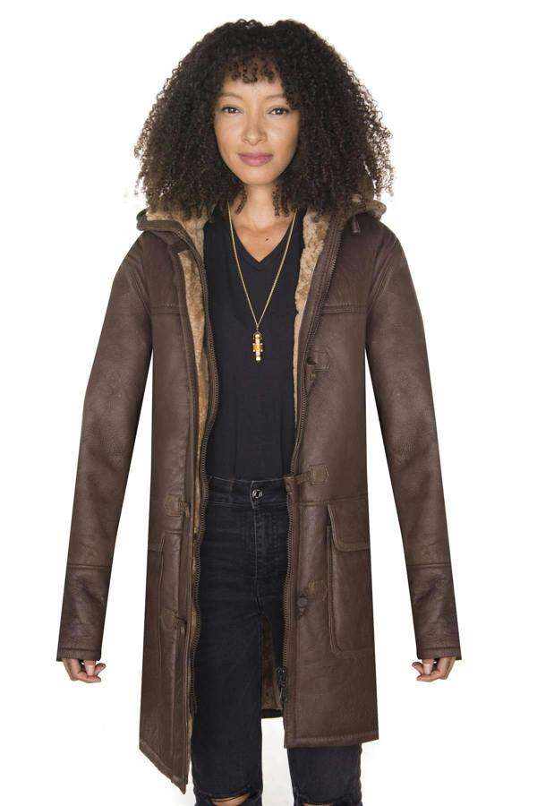 Infinity Leather Womens Brown Hooded Sheepskin Leather Duffle Coat-Charlotte