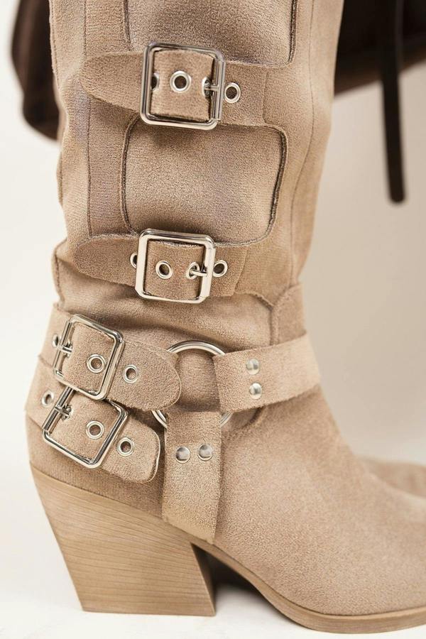 Ornella Block Heel Knee High Boots With Buckle Strap Detail - Khaki/Tan