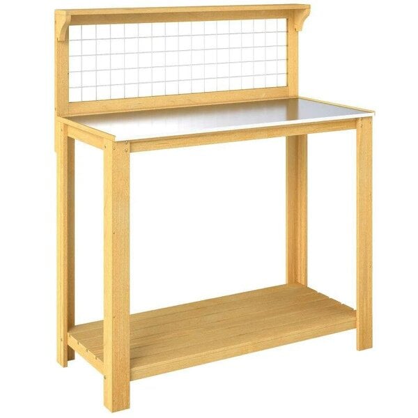 Wooden Potting Bench Table with Aluminium Worktop, Outdoor Garden Workbench with 2 Shelves