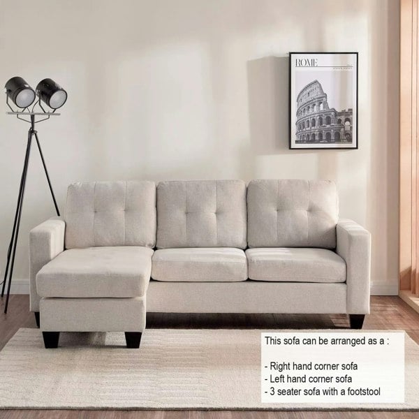 Luna Linen Fabric 3 Seater Convertible Sectional Sofa in Beige