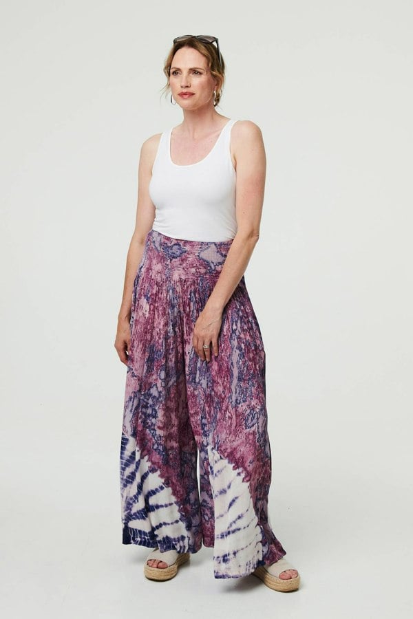 Purple | Tie Dye High Waist Shirred Wide Trousers
