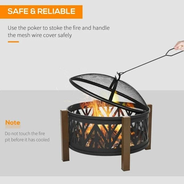 Bobobiy Metal Large Firepit Bowl Outdoor 2-In-1 Round Fire Pit Brazier with Lid, BBQ Grill, Poker for Backyard, 78 x 60cm, Black, 78 x 78 x 60cm