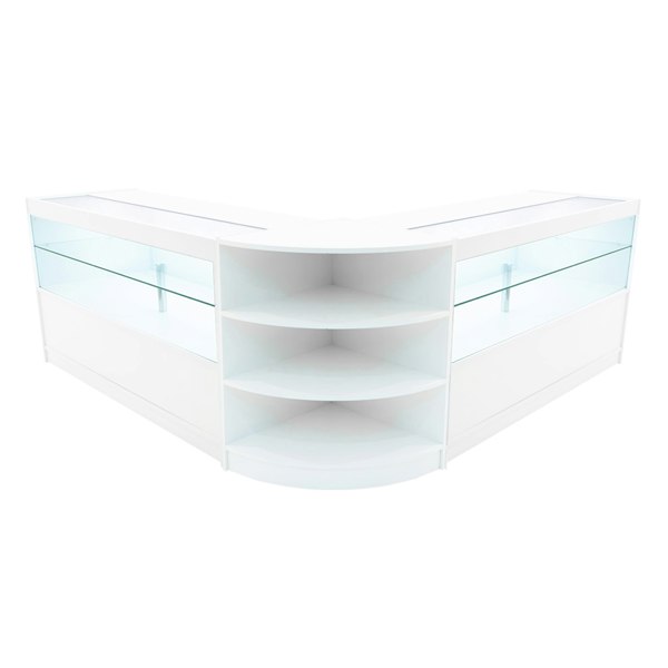 White Andromeda LED shop counter set with sleek glass displays, featuring a modern corner design and smooth surfaces for retail use