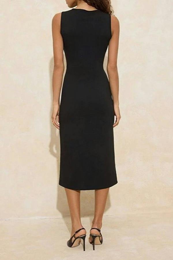 WOVCOR Bodycon Pool Neck Midi Knit Dress with Accessory Details