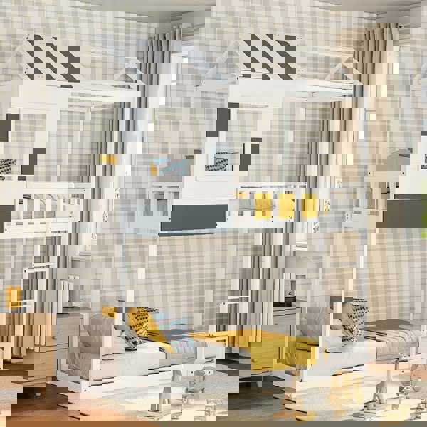 Modern Twin Bunk Bed Slatted Board House Shaped Living and Home