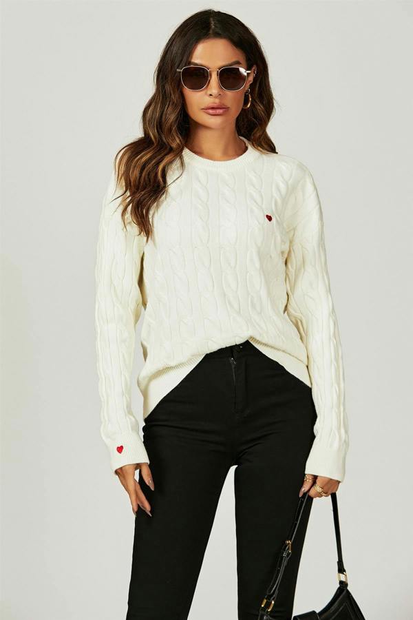 FS Collection Heart Embroidery Jumper Top In Cream