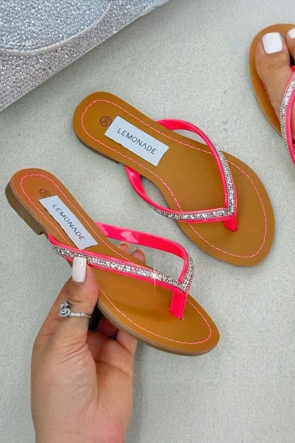 Little Lemmy Crystal Sparkle Flip Flops Neon Pink finished with crystal sparkle strap detailing for a fun, shimmering finish