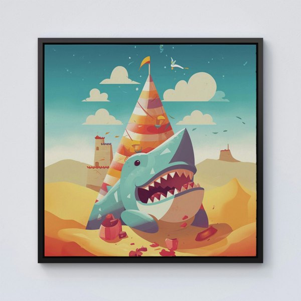 Warren Reed Shark On A Beach Holiday Framed Canvas