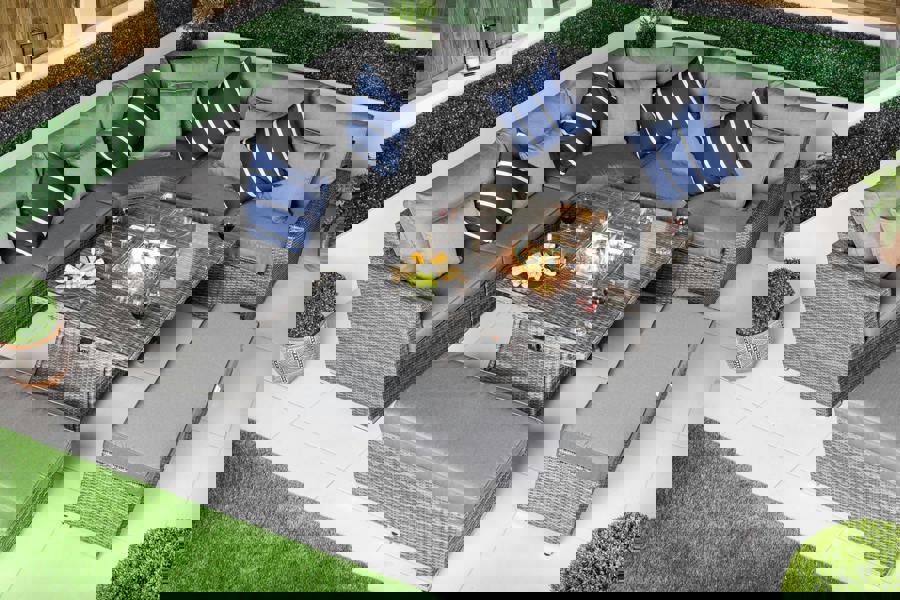 Giardino Santorini 5 Seat Modular Corner Sofa Rattan Garden Furniture Set Outdoor Fire Pit Coffee Table & 2 Benches