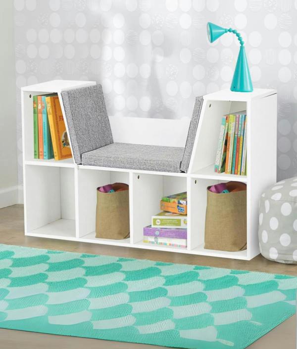 ADOV Kids Bookcase Storage Shelf with Cushioned Reading Nook, 6-Cube Bookshelf Organiser for Books and Toys