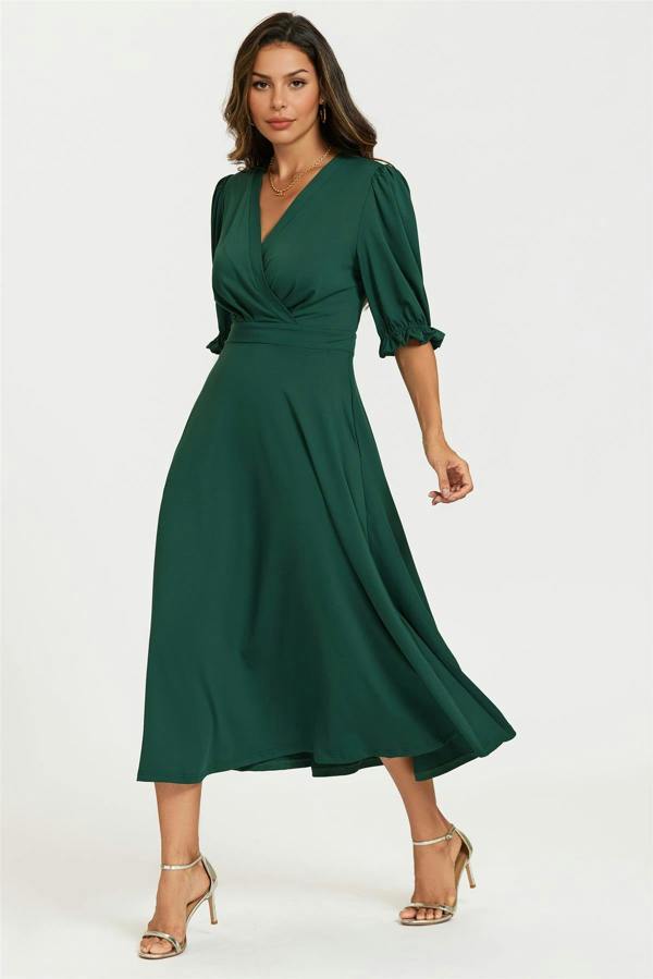 FS Collection Half Sleeves Jersey Midi Dress with Wrap Neckline In Green