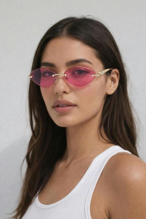 SVNX Rimless Oval Geo Metal Sunglasses in Pink