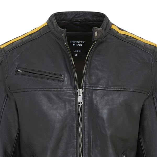 Infinity Leather Men's Classic Quilted Black Yellow Leather Biker Jacket - Meridian