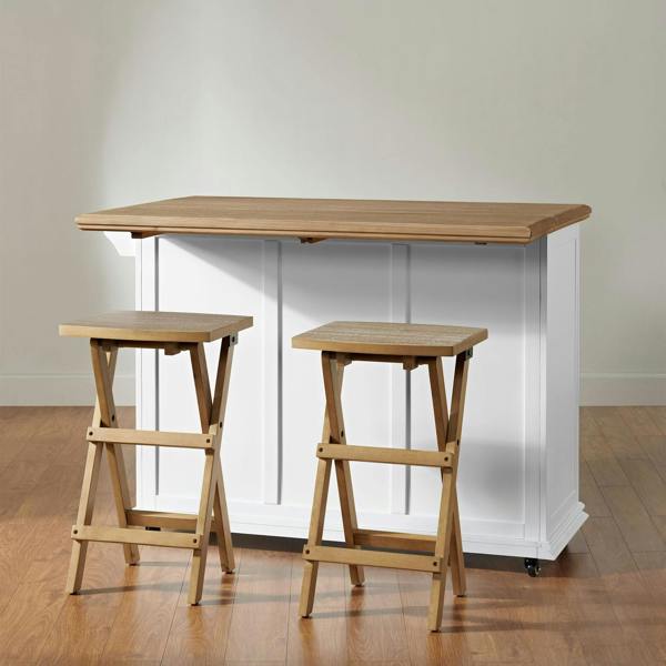 Statement Furniture Shire Breakfast Bar White Kitchen Storage Trolley with Oak Top Extendable Rolling Kitchen Island