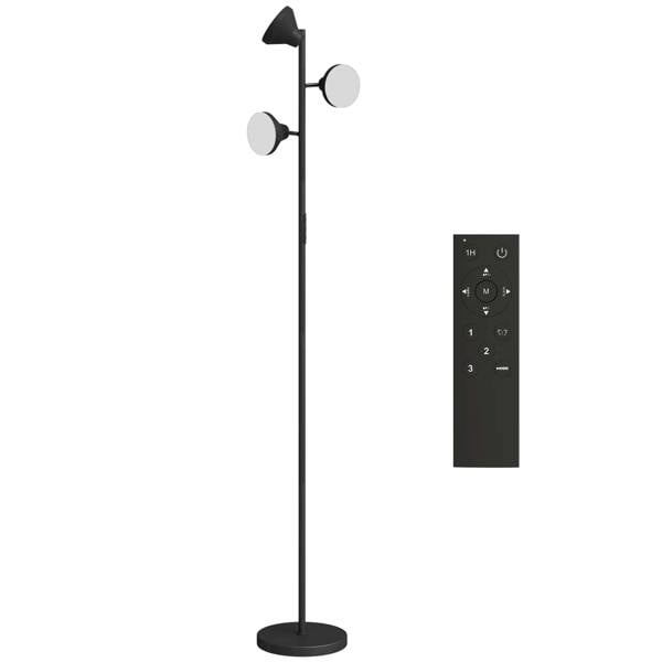 Black three-lamp adjustable floor light with three round shades and handheld remote.