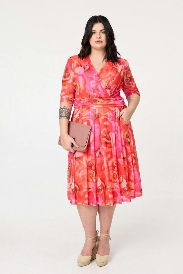 Orange | Curve Floral Mesh Midi Faux Wrap Dress