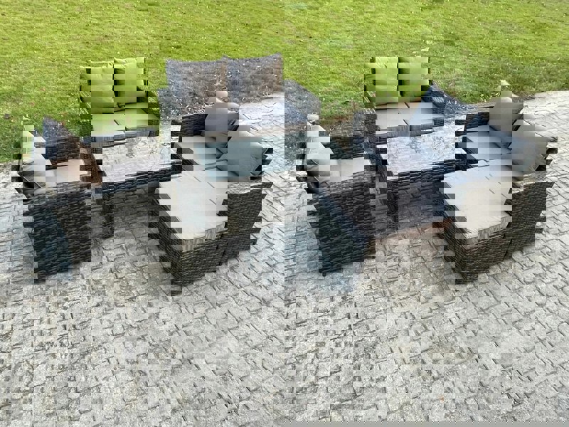 Fimous 5pcs Rattan Outdoor Garden Furniture Sofa Set with Coffee Table Big Footstool Dark Grey Mixed