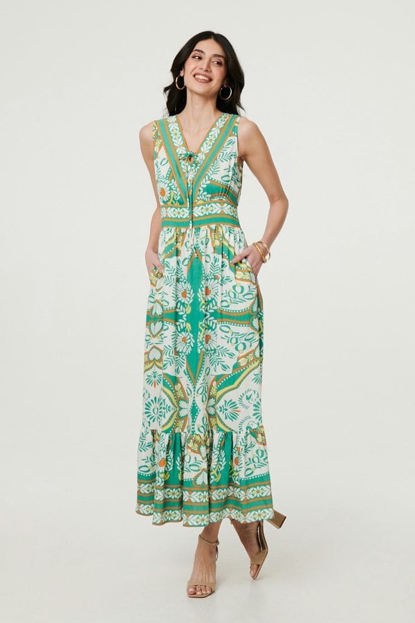 Green | Printed Sleeveless Tie Empire Maxi Dress
