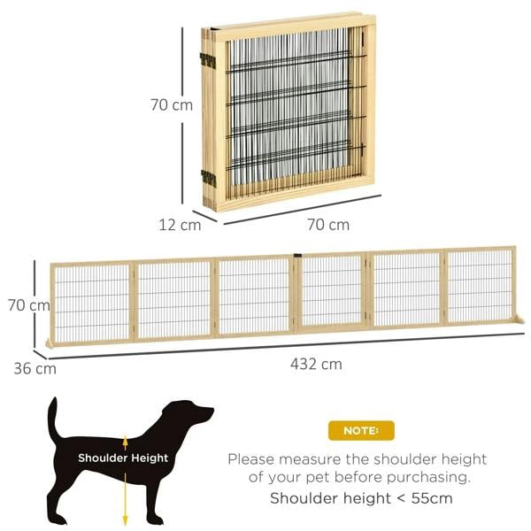 Natural wood pet gate with black wire mesh, shown with height and width measurements.