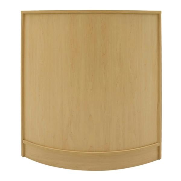 Curved maple shop counter set featuring a smooth, light wood finish, ideal for retail displays and customer service areas