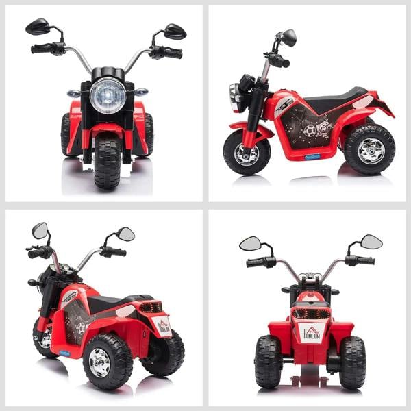 Red kids electric three-wheel ride-on motorbike shown in multiple angles with headlights