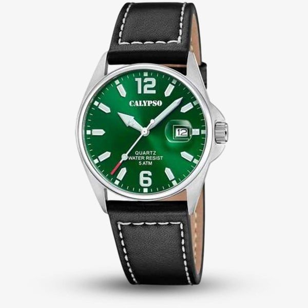 Calypso Mens Basic Green Leather Strap Watch K5870/5