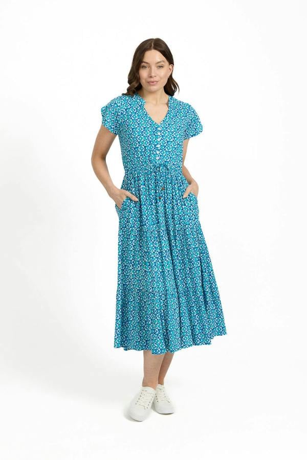 Mudflower Geometric Print Tie Front Midi Dress