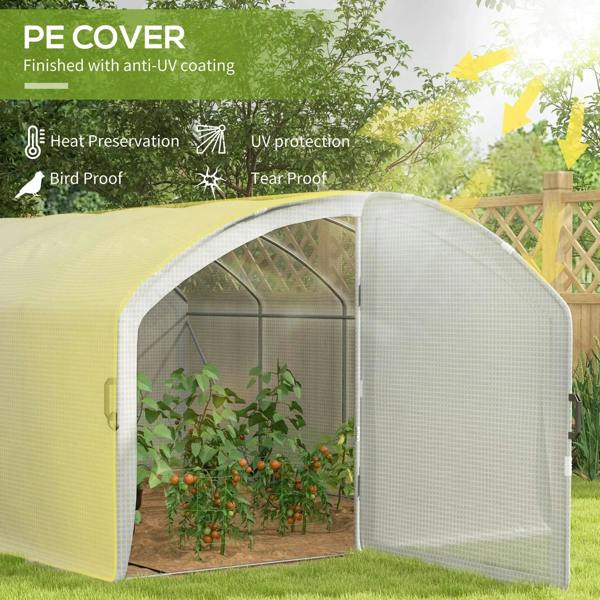 White greenhouse with transparent mesh panels and hinged front door