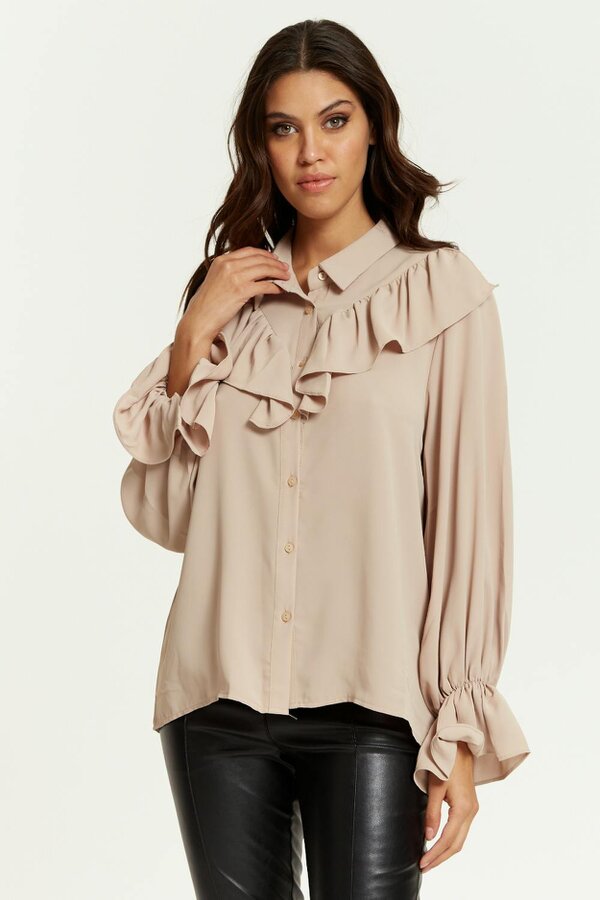 Hoxton Gal Oversized Frilled Front Shirt with Detailed Cuffs