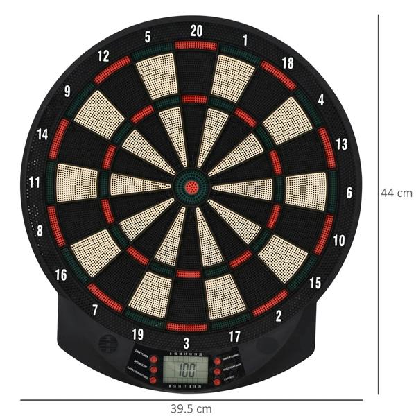 Electronic dartboard set featuring a black dartboard with red and green rings and LED display