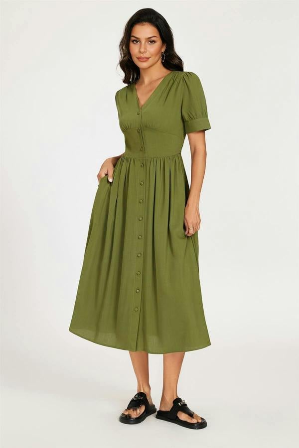 FS Collection Button Front Short Sleeve Midi Dress In Khaki Green