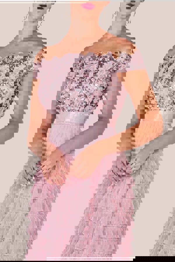 Scallop Bardot Ruffle Mesh Maxi - Blush DR3742