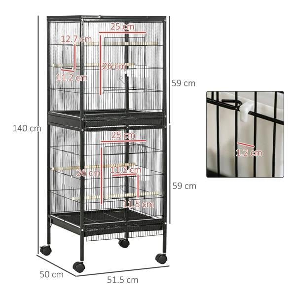 Black wire bird cage on wheels with labeled height and width guides, front view