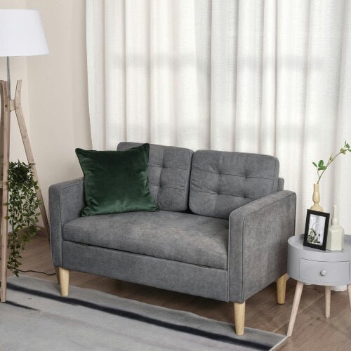 Wyld Haus Labasu Fabric Grey 2 Seater Sofa With Hidden Storage Tufted Seat And Wooden Legs