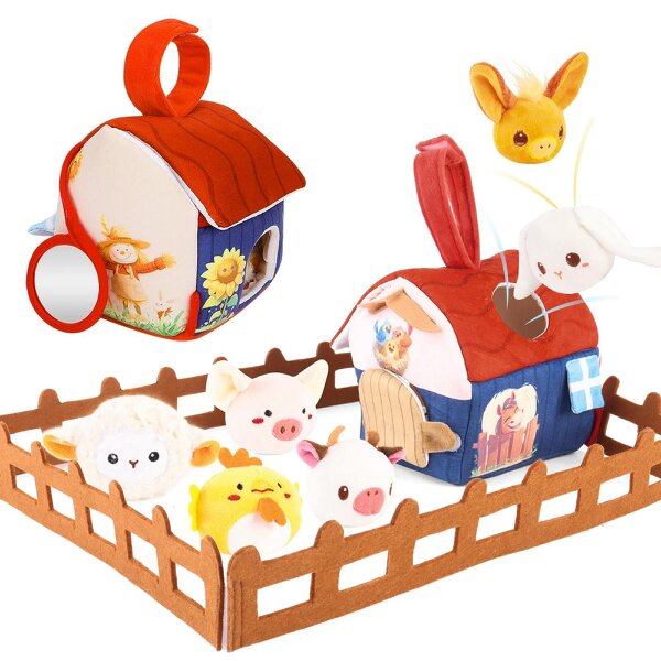 deAO Toys Plush Barn with Stuffed Farm Animals, Rattle,Crinkle Paper & Baby Mirror