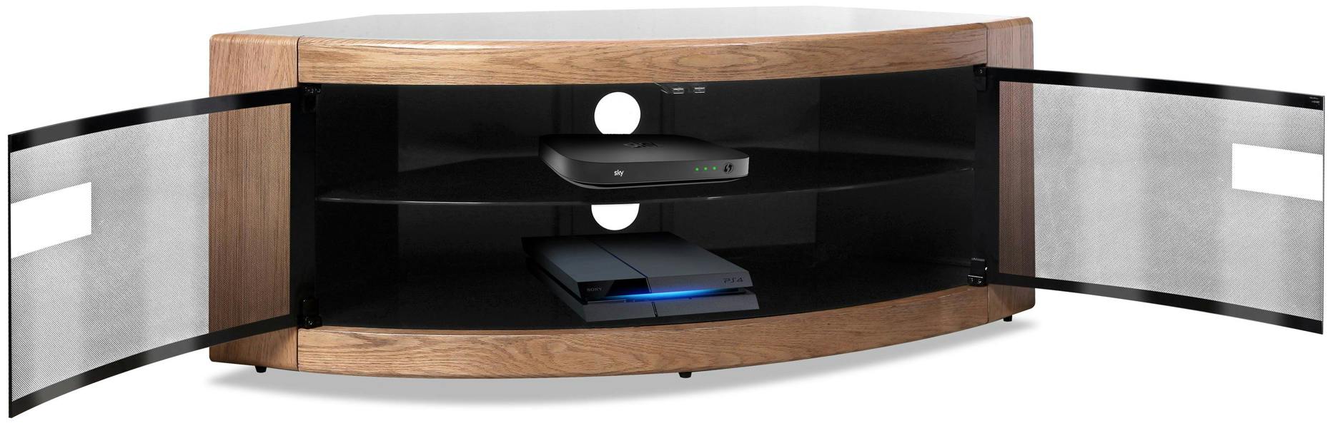 Homeology PANGEA Black Oak Beam-Thru Black Glass Curved Unit Tru-Corner 32"-50" TV Cabinet