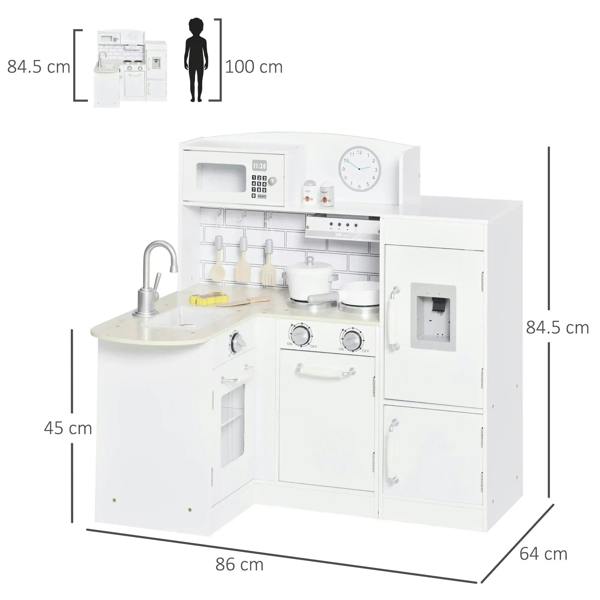 White kids play kitchen set with sink, stove, microwave panel, and fridge cabinet doors