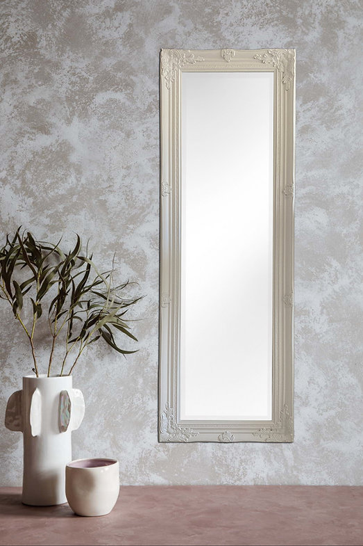 Downton Interiors Antique Style Plain White Tall Ornate Dressing Wall Mirror with Bevelled Glass 142cm