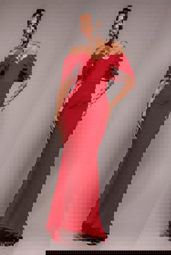 Off The Shoulder Draped Sleeve Maxi Dress - Red DR3259