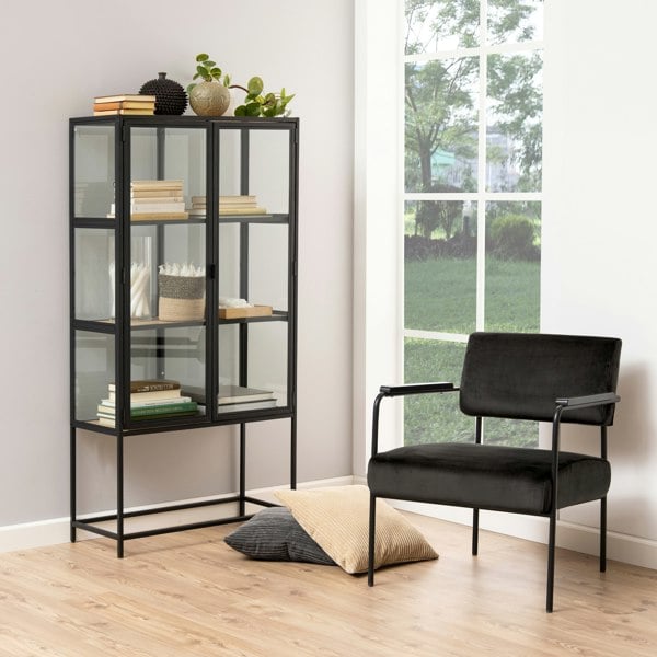 Furniture To Go Seaford 2 Glass Door Display Cabinet in Black & Oak